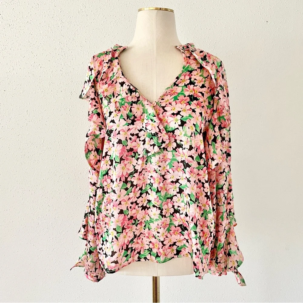 ZARA Women's Size Medium Pink Floral Long Sleeve V-Neck Ruffle Loose Blouse Top - Picture 11 of 11